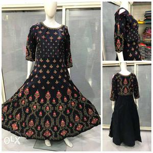 Women's Black And Red Floral Elbow-sleeved Dress