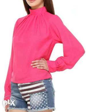 Women's Pink Turtle-neck Long-sleeved Shirt And Blue Denim