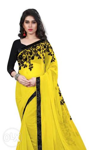 Yellow And Black Floral Sari Traditional Dress