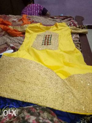 Yellow And Gold-colored Floral Traditional Dress