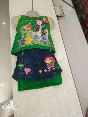 Children's Green Floral Shirt With Blue Denim Mini Skirt