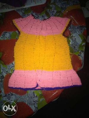 Girl's Pink And Yellow Crochet Cap-sleeved Top