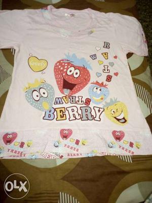 Girl's White And Red Berry Crew-neck T-shirt