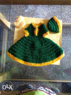 Green And Yellow Knitted Dress And Beanie