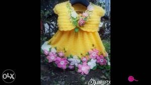 Toddler Girl's Yellow And Pink Crochet Cap Sleeve Dress