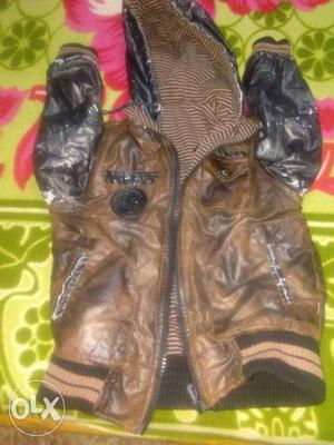 Toddler's Brown Leather Zip-up Hooded Jacket