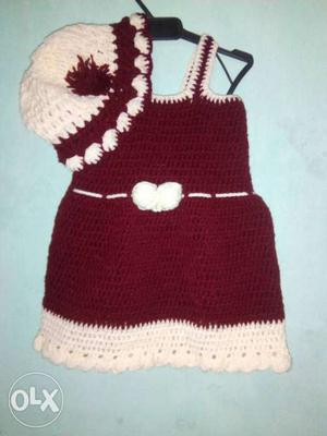 Toddler's Maroon And White Knitted Scoop-neck Sleeveless
