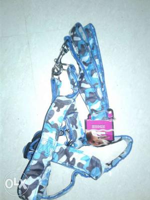 White, Black, And Blue Camouflage Harness With Leash Set for