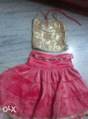 Women's Gold Spaghetti Dress With Pink Skirt