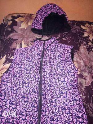 Purple Floral Zip-up Vest With Hat