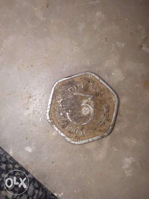 Silver-colored 3 Indian Coin 52 year old