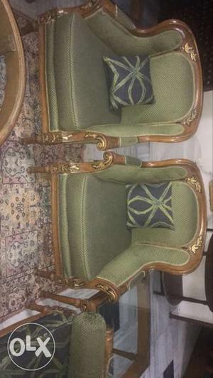 Brown Wooden Framed Green Floral Padded Armchair