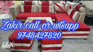Red and white sectional couch sofa set