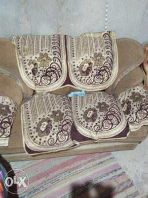 White And Brown Floral Fabric Sofa