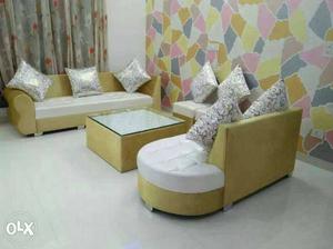 Golden Yellow and White Sofa Set with Center Table