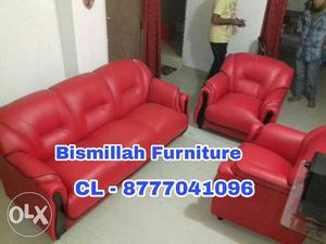 Red and white living room sofa set