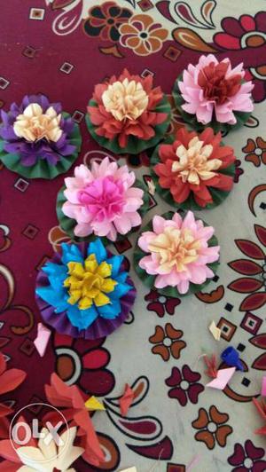 Six Pink-blue-and-red Paper Flowers for decor