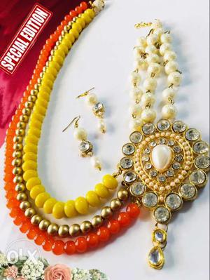 Beaded Yellow, Red, And Gold-colored 3-layered Necklace