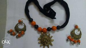 Black And Orange Beaded Necklace And Earrings Set