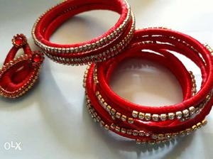 Gold-colored Encrusted Red Silk Thread Bangles