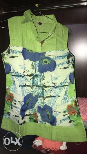 Green, White, And Blue Floral Sleeveless Blouse