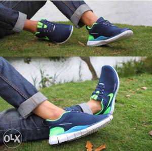 Pair Of Blue-green-and-white Nike Running Shoes Collage