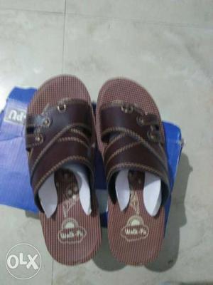 Pair Of Brown Leather Slide Sandals With Box
