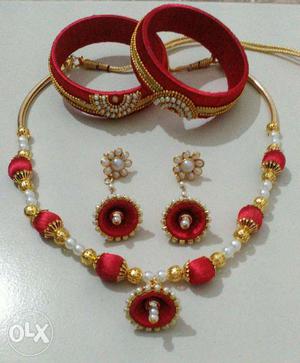 Pair Of Red Jhumka Earrings, Two Silk Thread Bangles And Red