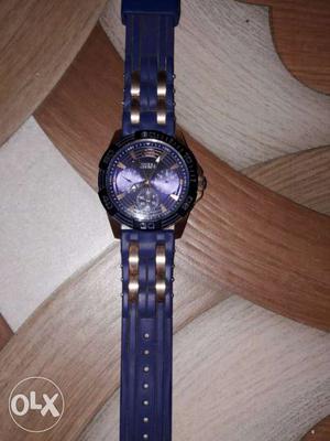 Round Black Chronograph With Purple Strap Watch