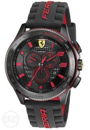 Round New Black And Red Ferrari Chronograph Watch With Black