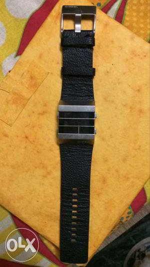 Silver-colored Black Leather Strap LED Watch