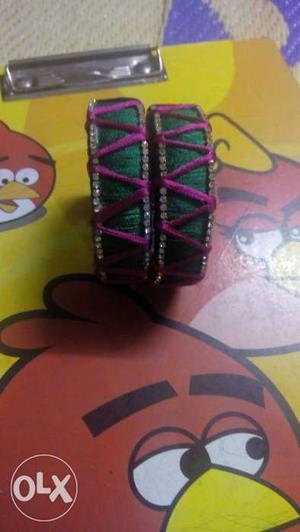 Two Green And Pink Thread Bangles