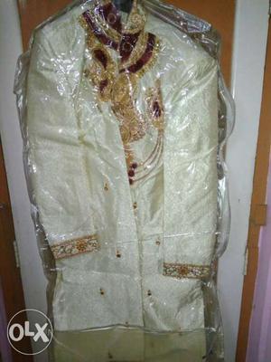 White And Beige Sherwani Suit