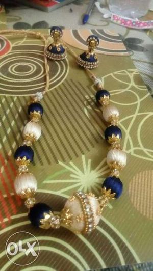 White,blue And Gold Silk Thread Necklace And Pair Of