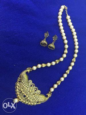 Women's Gold Beaded Necklace With Gold Earrings