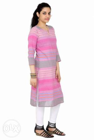 Women's Pink And Gray Striped Kurta