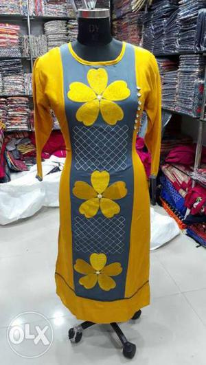 Yellow And Grey Floral Embroidered Dress