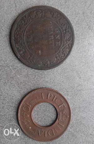 1 Indian Pice And One Quarter Indian Anna Coins