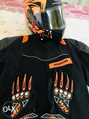 Black-and-orange Motorcycle Jacket, Gloves And Full-face