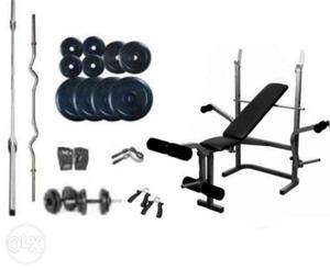Incline Bench Press And Weight Plates With Barbell Bar