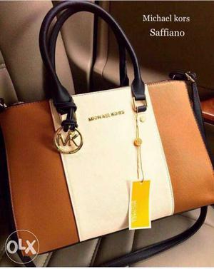 Women's White And Brown MK Leather Hand Bag