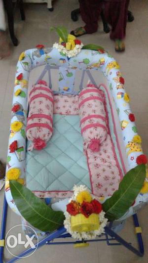Baby blue cradle swing with stand and also net