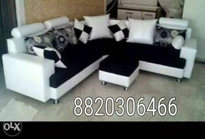 Black And White Fabric Cushioned Sectional Sofa