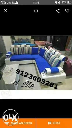 Blue And White Fabric Sectional Sofa With Throw Pillows