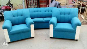 Blue Fabric Sectional Sofa With Ottoman
