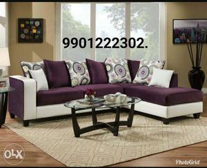White And Purple Fabric Sectional Sofa With Pillows