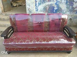 Red And Brown Floral Fabric Sofa