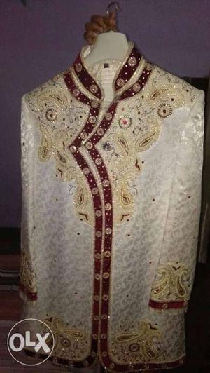 Beige And White Floral Sherwani Suit