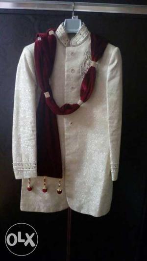Men's White And Red Sherwani Dress
