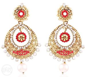 Pair Of Gold-colored And Red Dangling Earrings